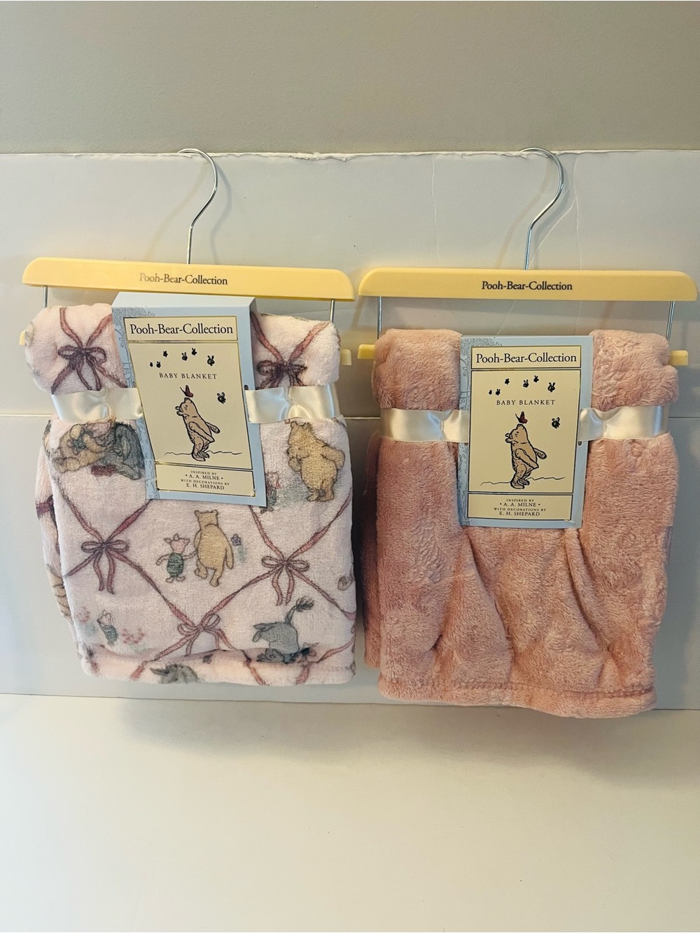 Winnie the Pooh Bear Collection Lot of 2 Pink Baby Blankets Embossed Bows Flower